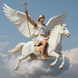 Julian Assange  as the Greek god Hermes, riding Pegasus in the clouds above the Olympus , wearing a helmet and sandals with attached wings, carrying the Caduceus, fantasy, hyperrealistic, highly detailed, depth of field, High definition, 8k,  octane render,trending at  artstation