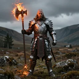 full - body - portrait photo brutal nordic warrior, wearing intricate steel armor, holding magical fiery battle - axe, sharp focus, highland landscape with few trees background, magical aura, heroic pose, fantasy style, octane render, volumetric lighting, 8 k high definition, highly detailed, trending on artstation, centered