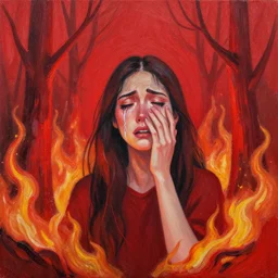 crying woman in burning red forest painted by acrilic paint