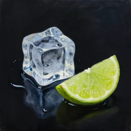 award winning ultra - realistic!!! oil painting of an ice cube starting to melt next to a lime wedge!!!!, black!!! background