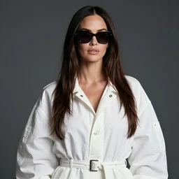detailed attractive characther portrait of megan fox wearing oversized nilon white luxury jacket and wearing sunglasses, realistic, wide angle, dramatic light 8 k