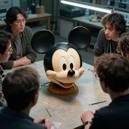 several people in workshop looking at the plastic head of mickey mouse, made by artgerm, greg rutkowski, highly detailed 8 k art, low light cinematic, 2 4 mm lens, | upper view | close distance |