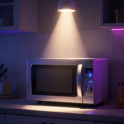kitchen scene with volumetric lighting, spotlight above microwave oven, neon lights