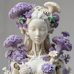 intricate hyper detailed ultra sharp focus front shot 3 d render of a beautiful cyberpunk porcelain ivory woman, sharp focus, up close shot, f 2. 8 1 5 0 mm natural light, elegant bionic haute couture lavender fractal mushroom corals, star, green star, and daisy polyps, white mycelum and fungi head ornaments, alexandre ferra, octane render, volumetric cinematic lighting, 8 k,