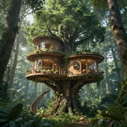 futuristic tree house utopian forest