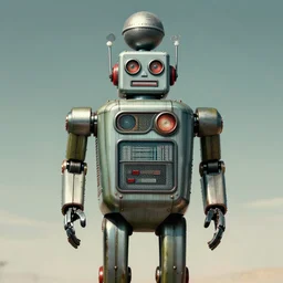 extreme wide shot of a 1950s retro Cactus robot, with space above the head. full body framed. Bionic Arms and eyes. pop surrealism, muted colours. by Jean-Baptiste Monge, wide shot
