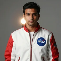 a indian man wearing a white and red nasa jacket. bloom and glare. soft light. dramatic composition, dramatic lighting, studio lighting, sharp focus, 8 k monaris. billy dinh