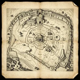 Ink drawing on ancient parchment paper of a detailed map of a dungeon, detailed