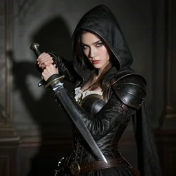 photorealistic portrait of a fighting, beautiful, female assassin warrior, holding dagger in right hand, hidden in the shadow, ready to strike, surreal, a french baroque by by alexander mcqueen, octane render, hyper detailed, cinematic lighting