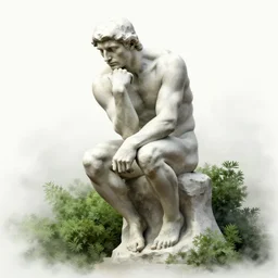 editorial illustration by karolis strautniekas and mads berg, illustrated rodin's thinker surrounded by lush small bushes, fog, fine texture, detailed, muted colors, dramatic lighting, dynamic composition, vivid, matte print, wide angle, ( ( sunbeams ) ), moody