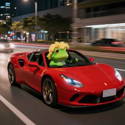 a frog driving a red sports car with a blonde wig on driving fast through the city at night