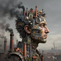 a profile portrait of a man made of chimneys and pollution, character portrait, facing right!!!, ultra realistic, wide angle, intricate details, the fifth element artifacts, highly detailed by peter mohrbacher, hajime sorayama, wayne barlowe, boris vallejo, aaron horkey, gaston bussiere, craig mullins