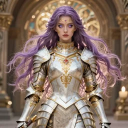 sexy ana de armas beautiful and victorian and holy and divine and elite young medieval female white armor knight portrait +shiny eyes+front face with long flowing hair, lilac hair, ultradetail face, gold filigree, full body shot, warm bokeh background, art and illustration by tian zi and craig mullins and WLOP and alphonse mucha, fantasy, sci-fi, intricate complexity, human structure, human anatomy, fantasy character concept, blurry, hyperrealism 8k, warm golden backlit