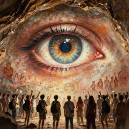 a giant eye looking down on a crowd of people in the style of a cave painting