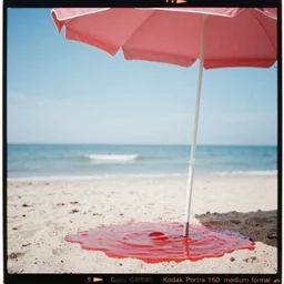 “film photo of a sunny day at the beach raining red liquid, Fujica GW690 Kodak Portra 160 medium format”