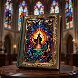 daemonic grimoire, [ grimoire made of church stained glass ], chapel background, bokeh focus on grimoire, 4 k 8 k artstation trending realistic high quality detailed cinematic lovecraftian horror colorful magic spells wizardry by h. p. lovecraft, noriyoshi ohrai