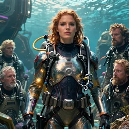 detailed ultrarealistic photography front medium shot of waterworld, matrix, postapocalyptic, scifi cyberpunk heroic scuba warrior girl, leyendecker, norman rockwell, greg rutkowski, artstation cinematic, vray game of thrones, lord of the rings
