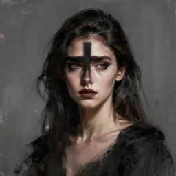 shameless woman whis impudent facial expression,  shadow of the cross, elegant, dark and mysterious, atmospheric, trending on artstation, highly detailed, digital painting, volumetric light, concept art, middle focus, illustration