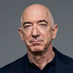 A studio portrait of Jeff Bezos looking unhappy, highly detailed, 80mm, f/1.4