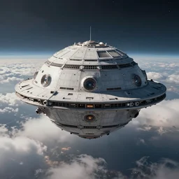 wide shot of a ball shaped sci fi ship entering the atmosphere, the atmosphere is clouds, the space ship is round, sharp focus, concept art, very detailed, very realistic, trending on artstation, in the style of star wars, beautiful, sci fi, cinematic shot, great composition, dynamic light, atmosphere, wojtek kapusta, jonathan ching, edgaras cernikas, scott robertson,
