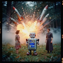 kodak portra 4 0 0, wetplate, vivid colours, blueberry, 1 9 3 0 s style, motion blur, portrait photo of a backdrop, explosions, rockets, bombs, sparkling, tin toy robot in a forest, haze, fog, by georges melies and by britt marling