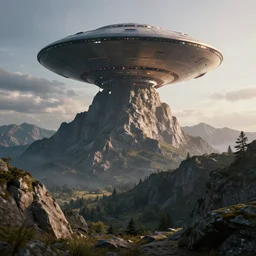 very detailed, octane render, realistic, 8 k, unreal engine 5, dramatic, volumetric, mountain with ufo, morning, ian hubert,