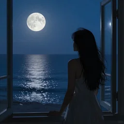 of a full moon night, there is a silhouette of a perfect female girl by the window looking into the sea where you can see the refletion of the moon on the water, impressionist style
