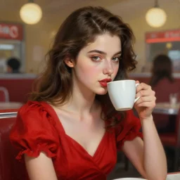 beautiful oil matte portrait painting, young women in a red dresses drinking coffee in an american diner, detailed face, wonderful masterpiece highly detailed, beautiful cinematic light deep focus, elegant, digital painting, smooth, sharp focus, golden ratio, dramatic illumination, ultra realistic, 8 k, art by jimmy law and caravaggio