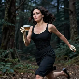 monica bellucci wearing a black dress is running in the forest holding a cup of tea, skeleton fingers, beautiful face, beautiful eyes, beautiful lips, elegant, beautiful, dimly lit, dark sky, volumetric lighting, cinematic lighting, unreal engine, trending on artstation, style artgerm, studio ghibli