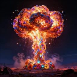 a nuclear explosion made out of flowers, night, bioluminecent, vivid, powerful, matte painting, trending artstation, octane render, 8k,