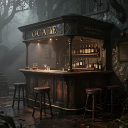 english bar gloomy and foggy atmosphere, octane render, rembrandt, cgsociety, artstation trending, highly detailded