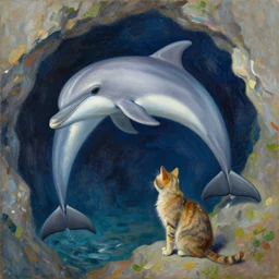 dolphin and cat in a cave, expressive oil painting by christopher radlund and camille pissaro