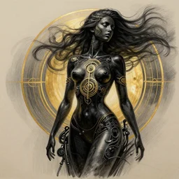 pencil drawing, bodypaint, neobrutalistic, golden circles and spirals, digital abstract sculpt of beautiful female body and black swirling latex acrylic portrait, black latex sculpt, minimalism, mechanical superstructure, strong wind, sacred geometry, 8 k, cinematic, magic hour, beautiful light, sculpture of carving marble, dark colors, filigree ornaments, one point light, clockwork