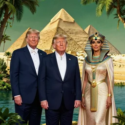 donald and melania trump as egyptian king and queen, elegant, majestic, powerful, pyramids, anunaki, hieroglyphs, lush, rainforest, river, green
