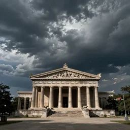 2 1 savage, shadow of the colossus, in front of a temple, at chicago, storm clouds, dramatic lighting, hudson river school