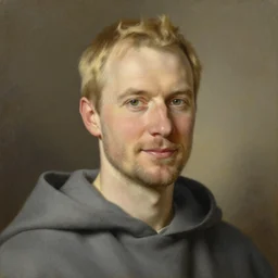 a clean shaven man aged 4 0 with blonde hair and hazel eyes and a friendly expression. he is wearing a grey cloak. head and shoulders portrait painting by greg rutkowski.
