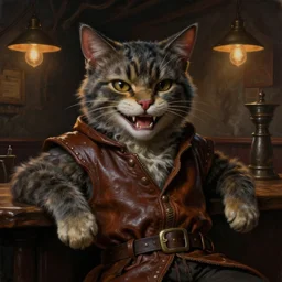 hyperrealistic mixed media painting of a creepy smiling cat, dimly lit cozy tavern, leather tunic, confident relaxed pose, d&d, stunning 3d render inspired art by Gerlad Brom and Anna Dittmann + perfect facial symmetry + dim volumetric lighting, 8k octane beautifully detailed render, post-processing, extremely hyperdetailed, intricate, epic composition, grim yet sparkling atmosphere, cinematic lighting + masterpiece, trending on artstation, very very detailed, masterpiece, stunning