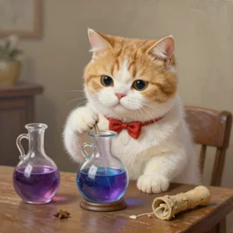 a painting of cute cat brewing a magic potion at the table, hyper realistic, very detailed, trending on artstation