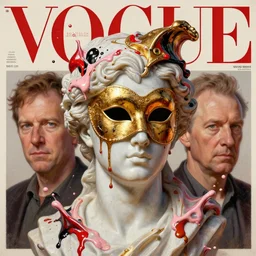 3 d marble statue of fancy head in melting venetian mask wearing a hat, multiple splashes of golden and red and black paint, liquid white and pink metal, sun, vogue cover style, poster art, high detail, intricate oil painting, multiple exposure, stanley kubrick mood, hyperrealism, 3 d, by tooth wu and wlop and beeple and greg rutkowski