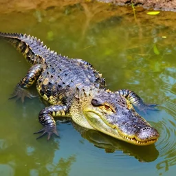 a indian gharial bathing in a pond, digital art, colourful