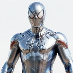 spider man all metal suit close up, chrome, shiny, reflective, metallic, 3 d render, realistic, hdr, stan winston studios, dramatic lighting, mirror finish