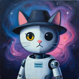 a half robot cat wearing a hat medium shot, asymmetrical, profile picture, organic painting, nebula, matte painting, bold shapes, hard edges, street art, trending on artstation, by huang guangjian and gil elvgren and sachin teng