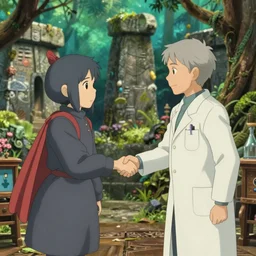 hyperrealist interior shot from howls moving castle ( 2 0 0 4 ) of a grey monk shaking hands with a scientist. jungle stonehenge. cartoon depth of field.