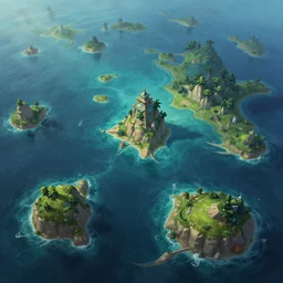 ultra realistic illustration, many tiny islands on the ocean, digital painting tutorial, hyperdetailed photorealism by greg rutkowski, rich contrast of colors, 1 0 0 mega pixels, league of legends artwork