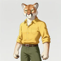 mountain lion wearing yellow button - down shirt and olive - green slacks, fursona, anthro, anime key visual, detailed clothes, detailed white fur, makoto shinkai, portrait