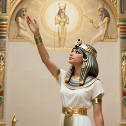 beautiful young egyptian muse, in golden egyptian ornaments,  reaching towards the heavens, holy imagery, ornamental frame, highly detailed, beautiful colors, renaissance mural, golden ratio, in the style of sandro boticceli