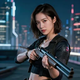 photographic portrait of a techwear woman holding a shotgun, closeup, on the rooftop of a futuristic city at night, sigma 85mm f/1.4, 4k, depth of field, high resolution, full color, Die Hard, movies with guns, movie firearms, reference photos