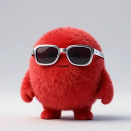 3 d render of completely red hairy friendly antropomorphic cartoony creature wearing chrome shades, without nose, full body, simple, cute, white background, unreal engine 5, octane render, highly detailed hdr