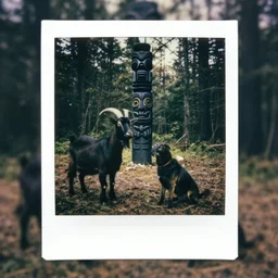 polaroid of a black goat, a dog and a black totem in the forest, occult,
