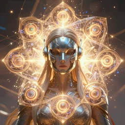 a centered render of an goddess wearing a hi tech mask surrounded by a glorious sacred energy made from geometry and spiral mandel bulb fractals, powerful, cinematic, beautifully lit, by artgerm, by karol bak, 3 d, trending on artstation, octane render, 8 k